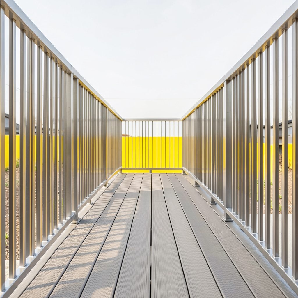 Close-up of sleek aluminum decking planks in warm silver tones with clean linear grain