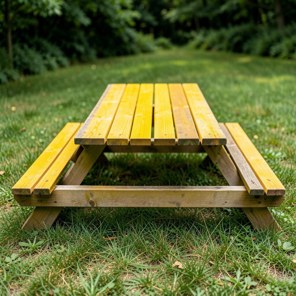 Natural wooden children's picnic table in a sunny garden setting