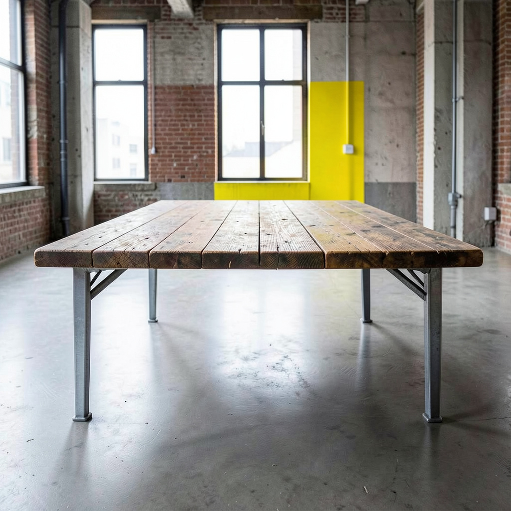 Industrial-style dining table with metal legs and reclaimed wood top in a loft space